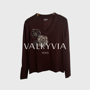 欧货重工烫钻长袖 捡漏 悠悠奢品 磨毛V领T恤女 Valkyvia