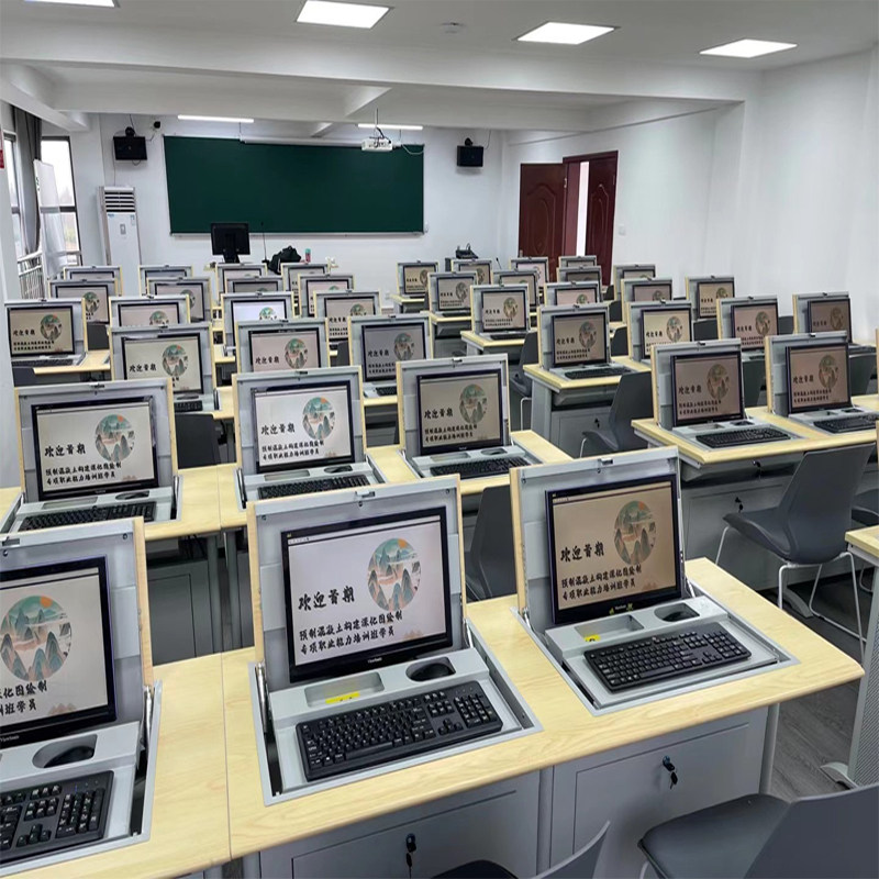 翻转电脑桌显示器隐藏式电脑桌学校教室学生桌部队电教室培训桌