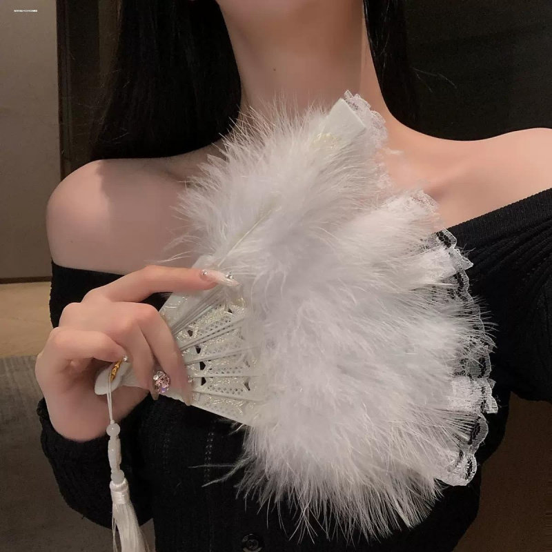 白色羽毛扇子折扇古风夜上海配旗袍表演扇走秀网红舞蹈扇子易开合