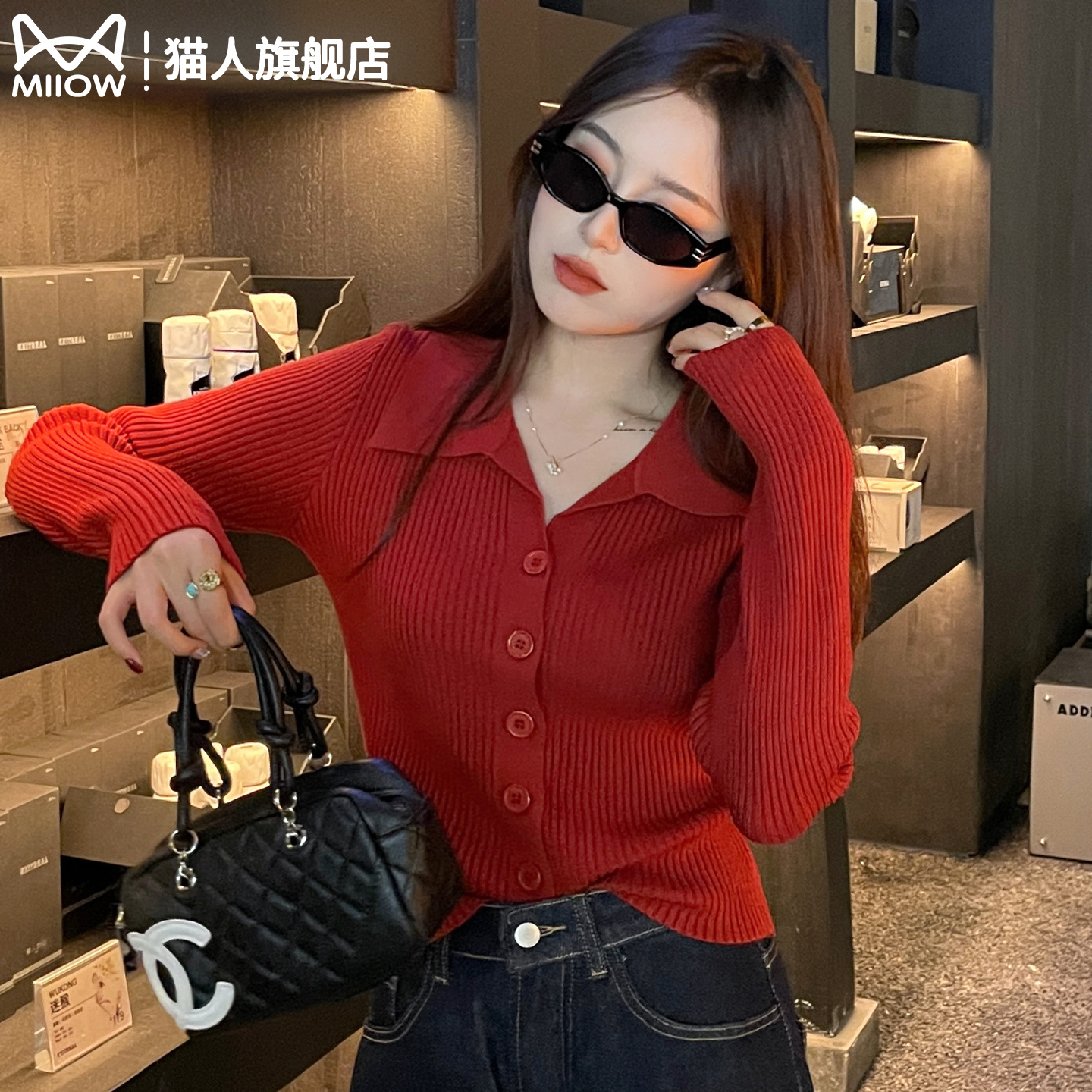 猫人红色小香风polo领针织衫女