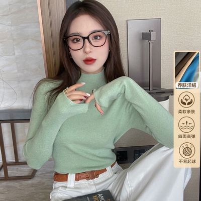 猫人绿色高级感羊绒半高领针织衫