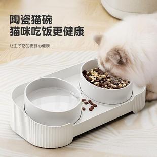 跨境简约宠物碗猫粮双碗喂食喂水猫咪陶瓷碗防打翻护颈猫碗