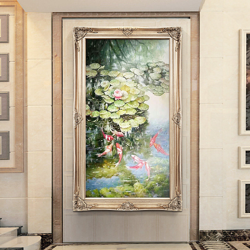九鱼图欧式玄关装饰画寓意好走廊过道壁画客厅挂画竖版纯手绘油画