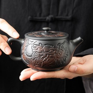 云南紫陶满雕祥龙茶壶家用可旋转凤鸣壶大容量一人用纯手工泡茶壶