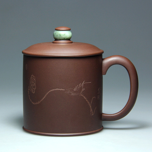宜兴紫砂杯茶具名家纯全手工刻绘水杯茶杯子紫泥520CC金镶玉盖杯
