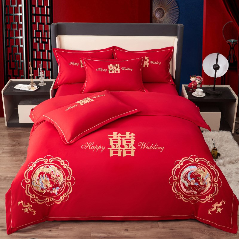 结婚四件套中式刺绣简约时尚大红色床单被套婚庆床上用品喜被套件