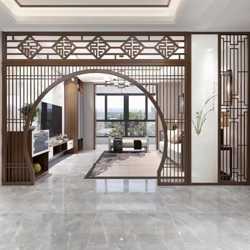 新中式实木屏风隔断客厅玄关办公室装隔断墙餐厅酒店背景墙格栅。