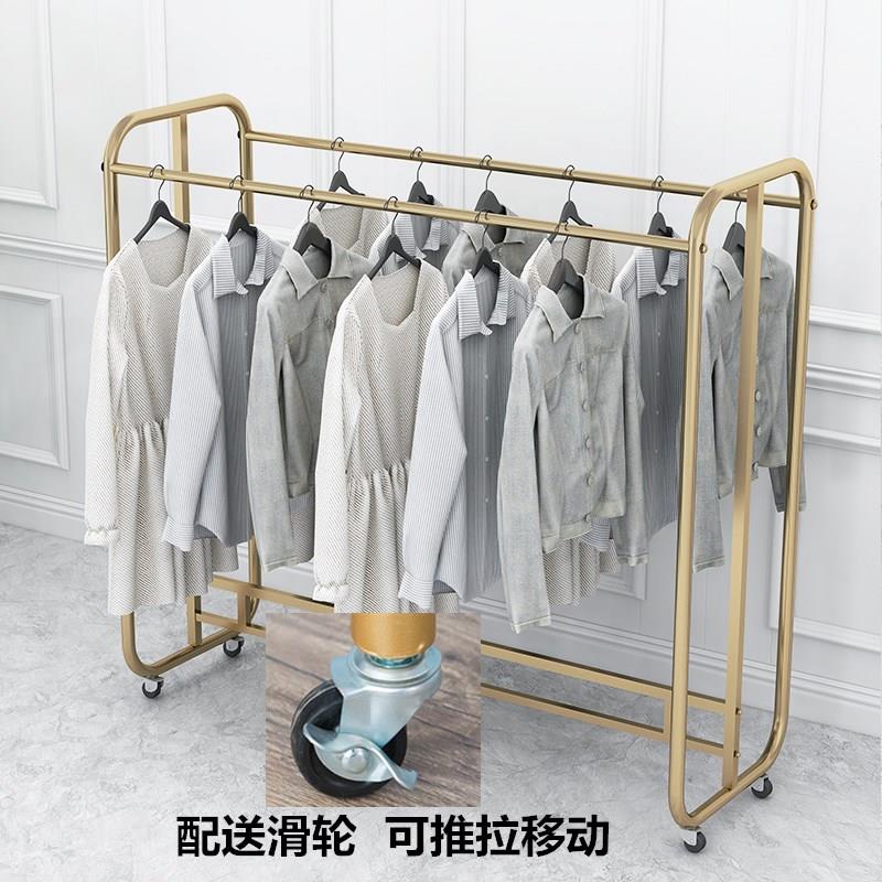 金色服装店双排中岛展示架陈列架落地式衣服架子移动挂衣架带轮子