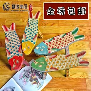 创意滑轮凳子 老榆木彩绘小板凳儿童小鱼凳子手绘复古矮凳家用时尚