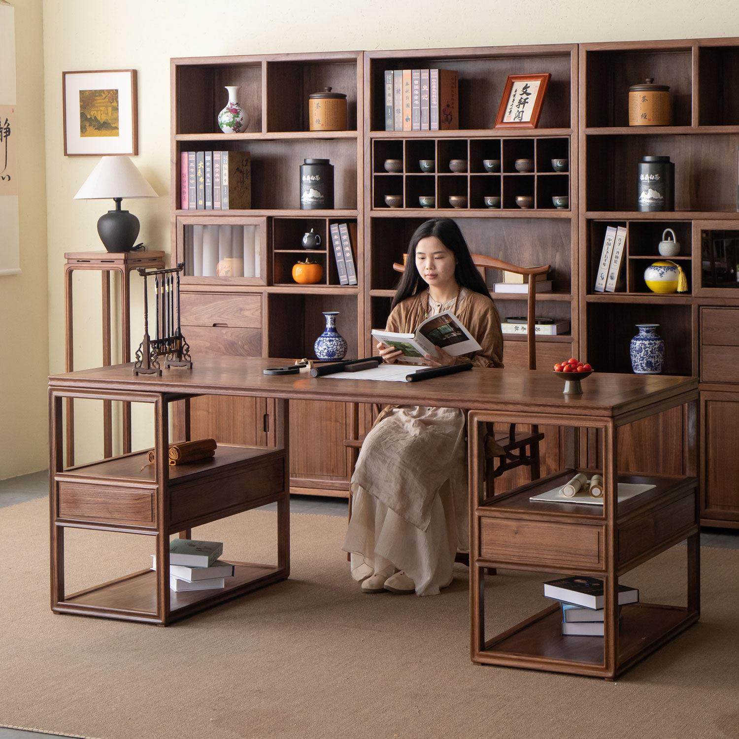 新中式书桌实木禅意书房画案黑胡桃老榆木办公书法书画桌家具