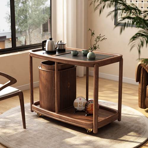 实木阳台茶桌家用小户型现代简约新中式茶台桌黑胡桃色移动小茶车