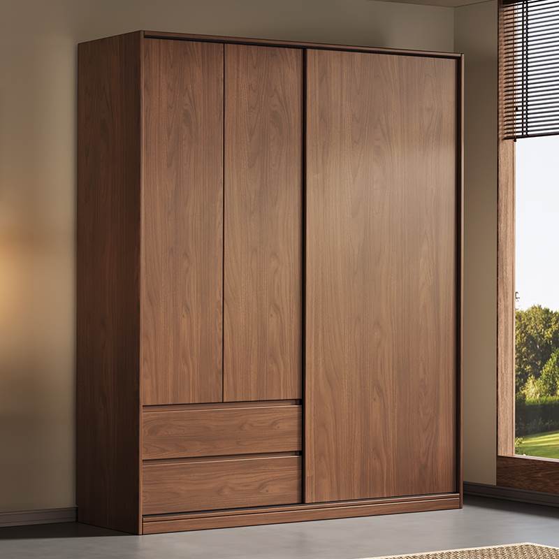 实木衣柜家用卧室胡桃色移门储物柜子2025爆款免安装挂衣橱可定制