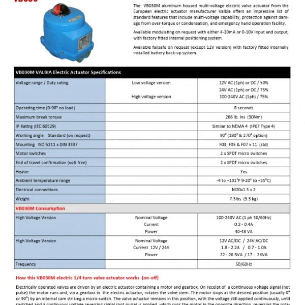 供应意大利Valbia电动执行器85系列MOD VB030