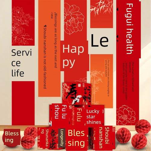 老人60寿宴过寿布置生日场景装饰背景墙挂布条幅地堆盒爸妈80大寿