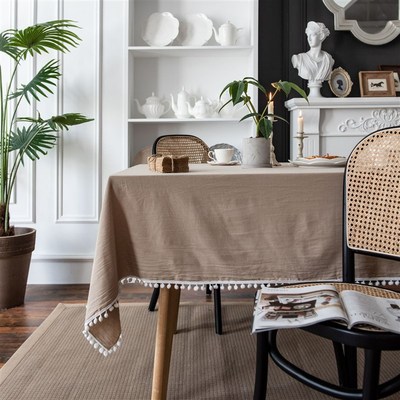 伊缦琪韵白球鹅黄法式桌布素色餐桌布水洗棉家用长方形