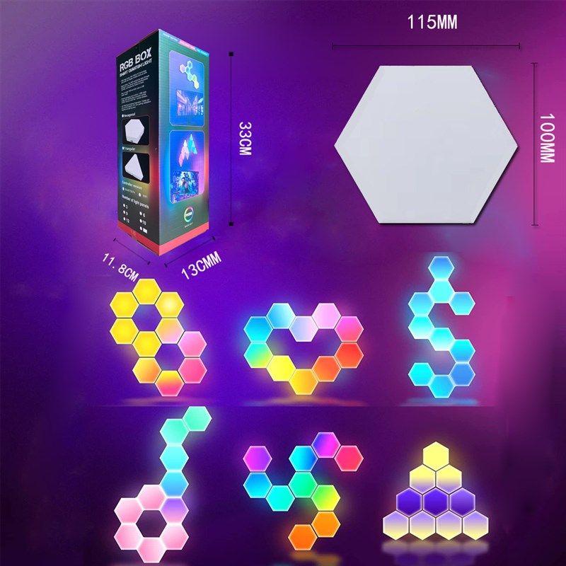 六边形量子灯蜂巢拼接灯电竞幻彩拾音节奏灯背景壁灯RGB氛围灯