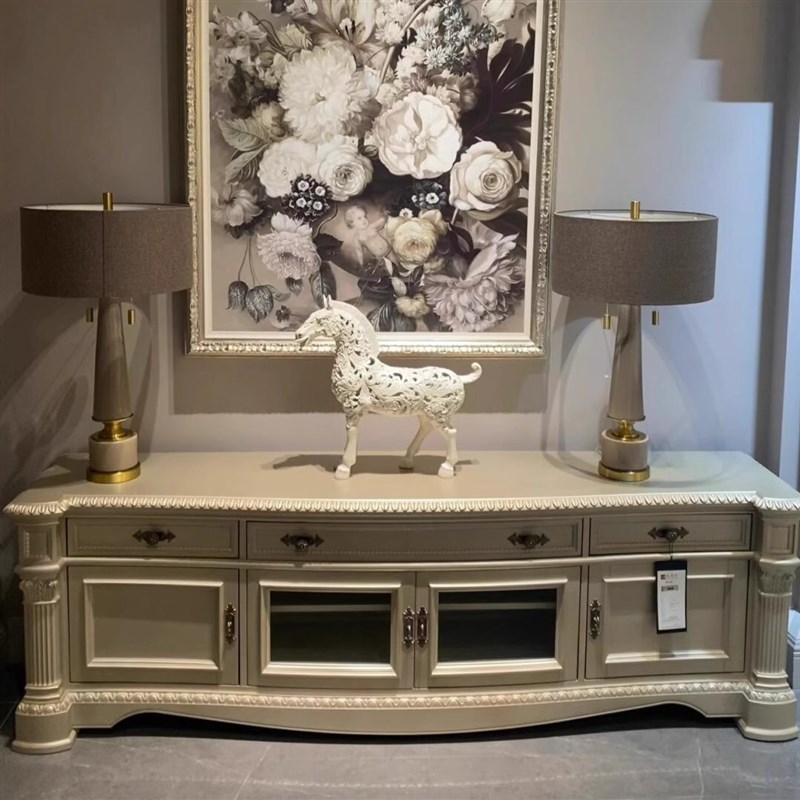 美式轻奢香槟金色实木电视柜art图尔乐章雕花视听柜法式客厅地柜