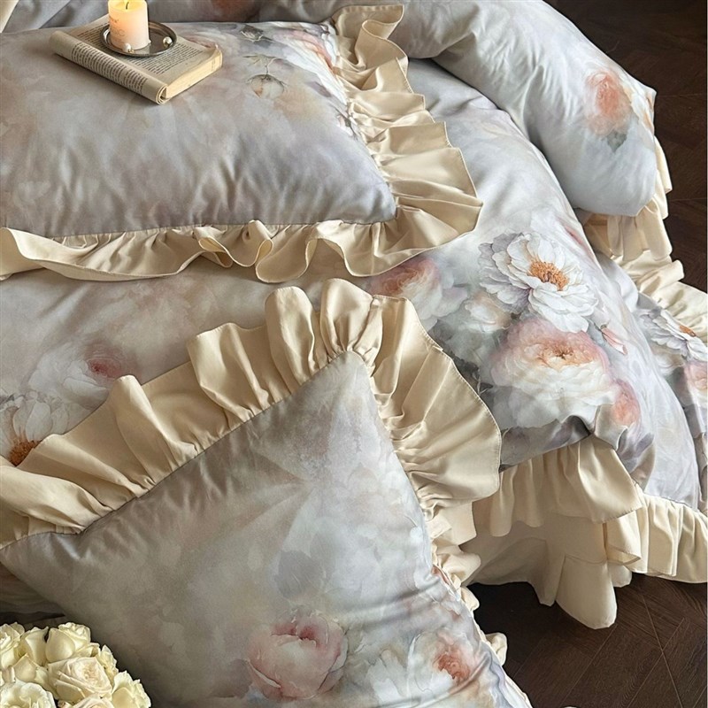 50支双股长绒棉磨毛四件套荷叶花边数码印花被套加厚床单床上用品