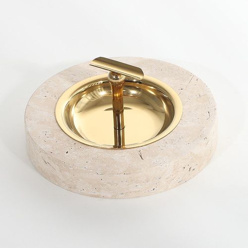 简约现代创意天然洞石圆形雪茄烟灰缸样板房家居展厅客厅桌面摆件