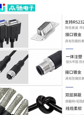M12转DB9连接器航空插头连接线17针读码线DB15连接器DB25新能源线