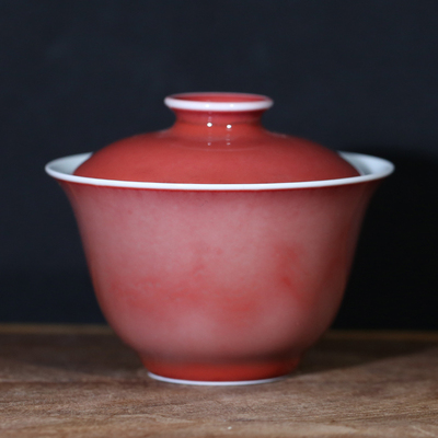 胡旻豇豆红二才中盖碗 景德镇纯手工茶具开片原矿泡茶碗二才杯