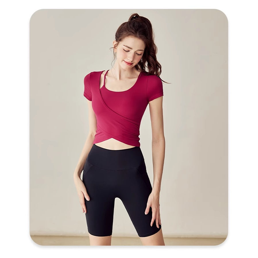 MAJE RAPRI高颜值瑜伽服女款含胸垫运动上衣紧身显瘦短袖t恤
