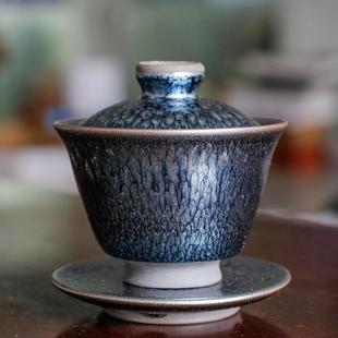 建盏百花三才盖碗家用陶瓷盏茶复古盖碗主人杯纯手工大号铁胎原矿