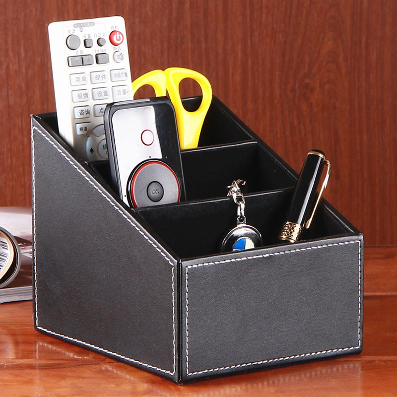 创意桌面三格收纳盒 家用遥控器皮质储物盒 组织者文具收纳座