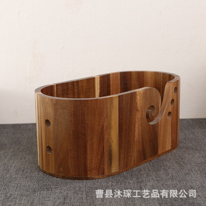 复古木质椭圆毛线碗家用编织毛线收纳盒带孔缝纫机棉线收纳用具