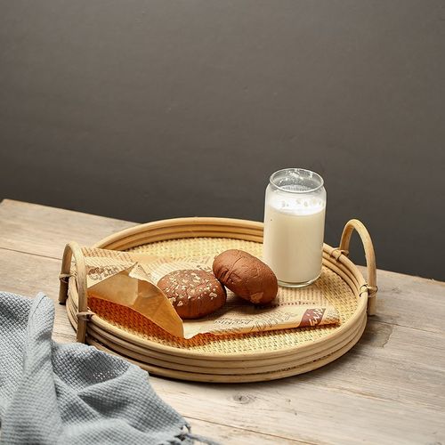 做旧擦白覆古风藤编托盘茶盘家居民宿装饰手提木制圆形面包收纳篮