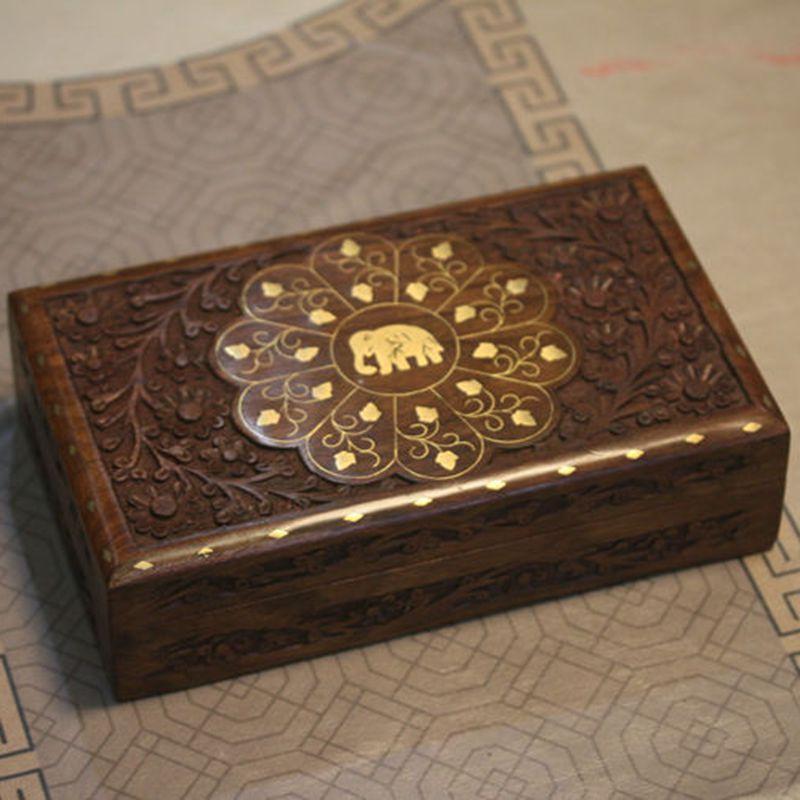 尼泊尔实木雕花镶嵌铜片手工首饰收纳盒机关盒文玩珠宝收藏木盒子