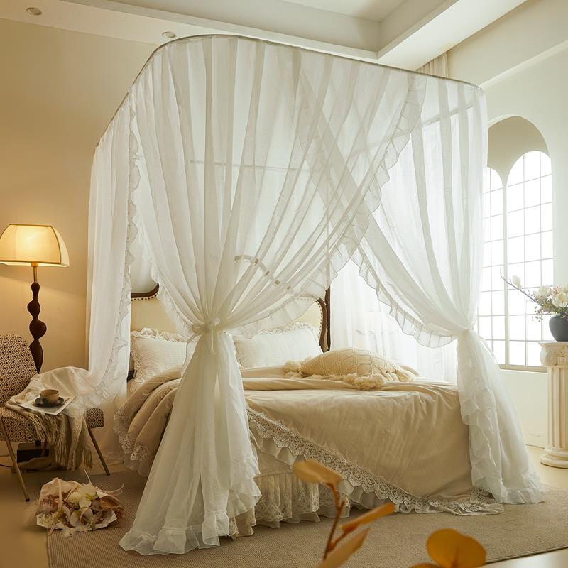 易拆洗麻纱蚊帐U型伸缩升降不锈钢支架蕾丝防尘落地家用卧室床幔