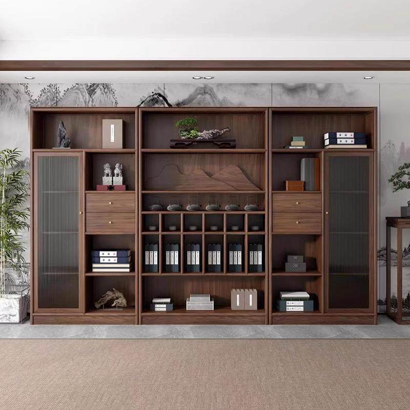 新中式实木书柜组合黑胡桃木博古架办公室文件柜展示柜茶室茶叶架