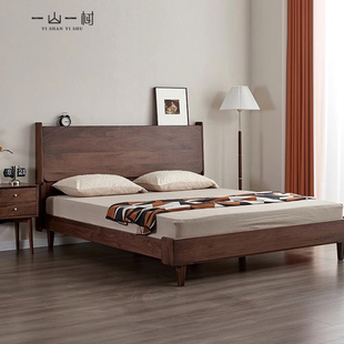 现代简约卧室18米 全实木床北美黑胡桃木家俱双人大床原木日式