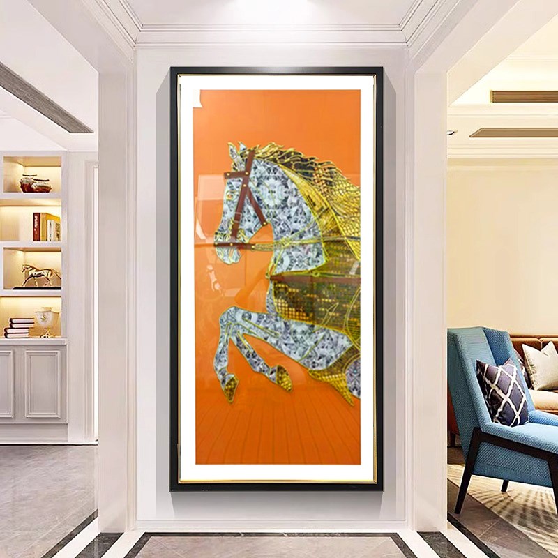 马到成功入户玄关装饰画轻奢走廊过道挂画钢化玻璃勾线立体实物画图片