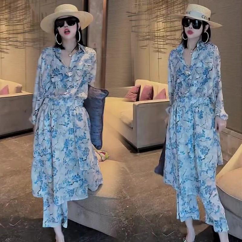 2024年夏季新款时尚花色套装A女防F晒长袖围裙裤宽松遮肉减龄两件