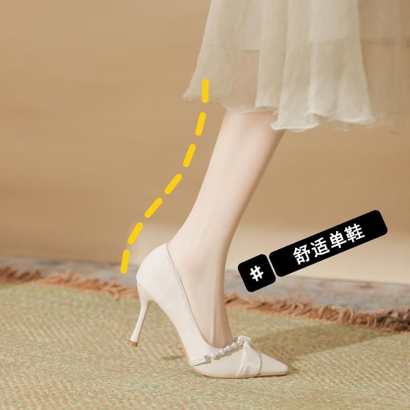 大码高跟b鞋女细跟宽胖脚珍珠婚鞋伴娘尖头法式单鞋小码鞋百搭浅