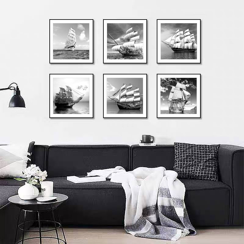 办公室工业风装饰画黑白挂画现代简D约帆船餐厅壁画客厅卧室背景