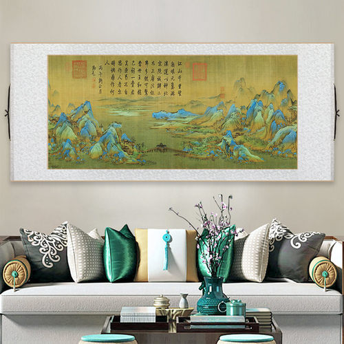 传世名画王希孟千l里江山图卷轴挂画古画办公室书房客厅茶室装饰