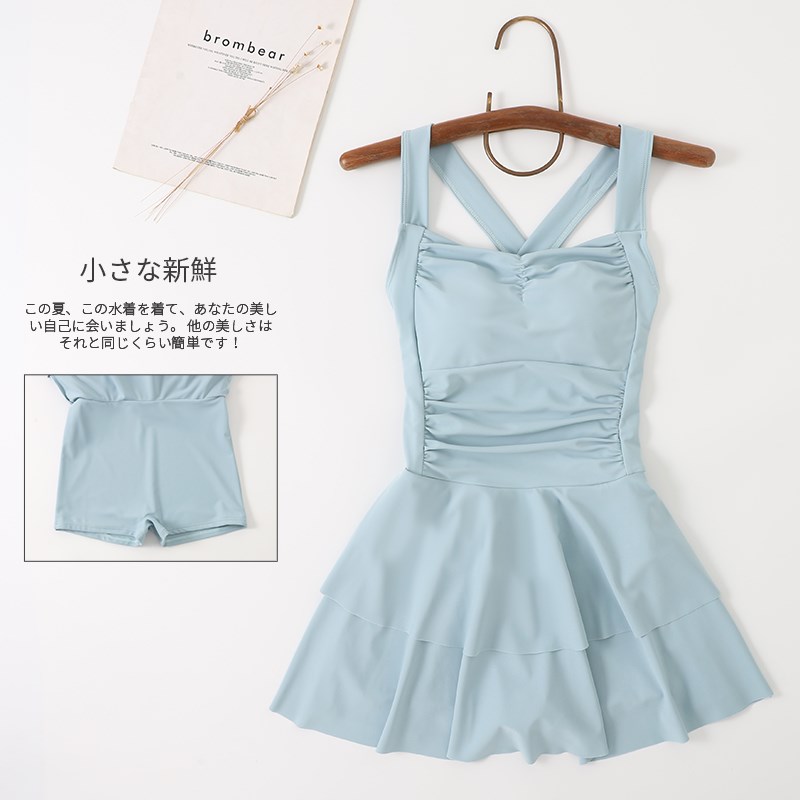 日系牛奶蓝龙心少女纯欲风连体泳衣女显白遮肚显瘦聚拢Z学生夏泳