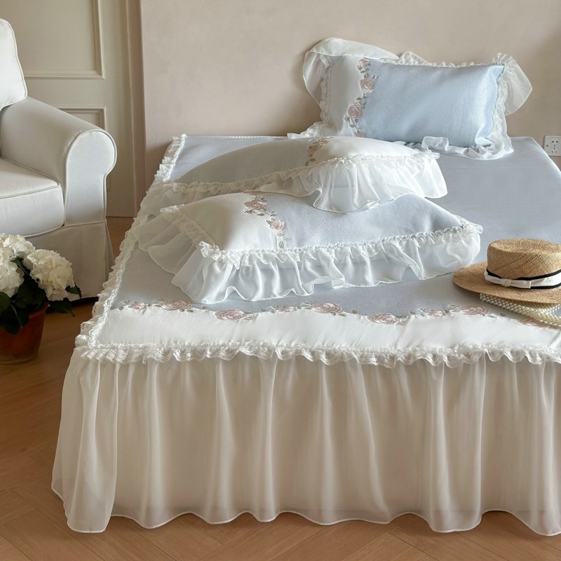 夏季凉席法式加厚植物花卉刺绣公主风床裙款冰丝席三件套软席子