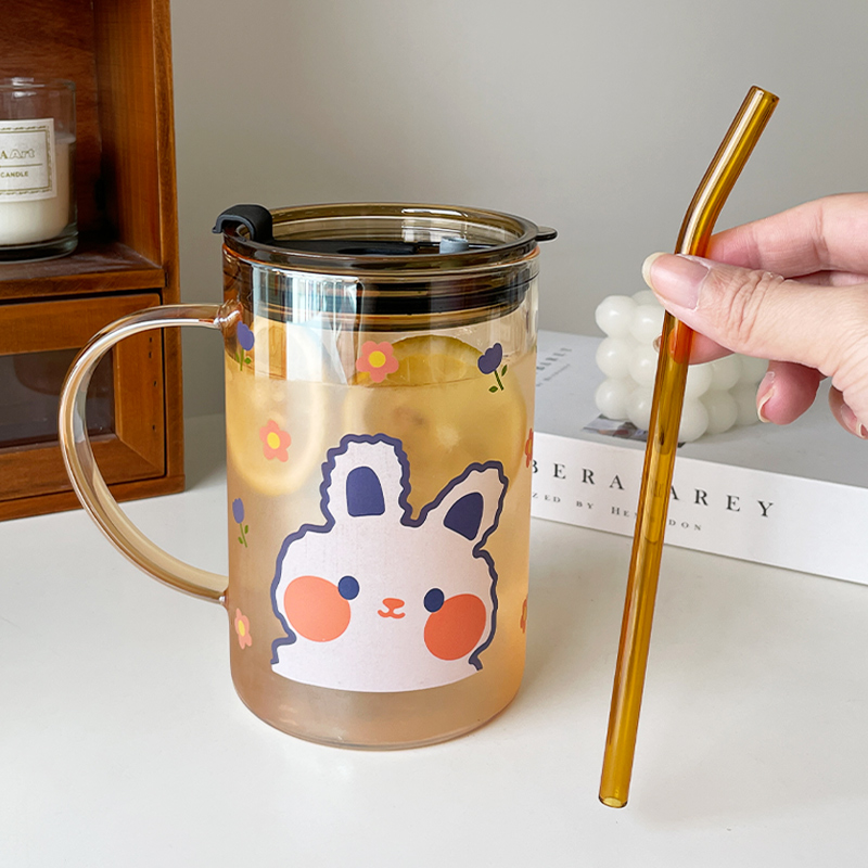 卡通大容量玻璃杯高m硼硅耐高温喝水杯办公室家用果汁牛奶杯吸管