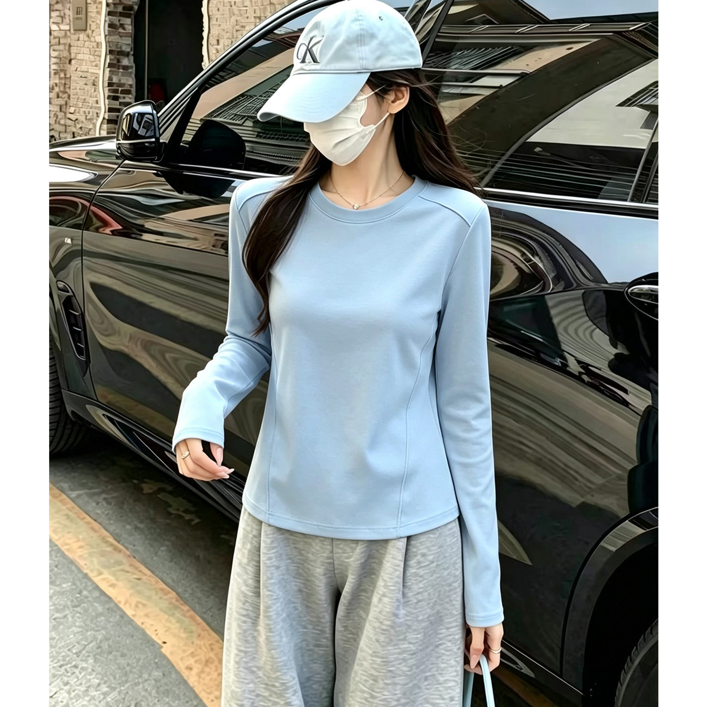 2026早秋显白蓝色温柔风长袖休闲图片