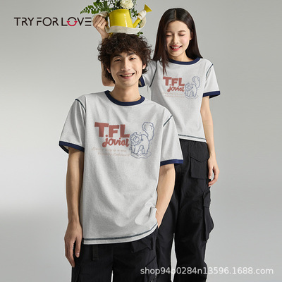 Tryforlove情侣装夏季休闲短袖t恤男女2025新款百搭一长一短上衣