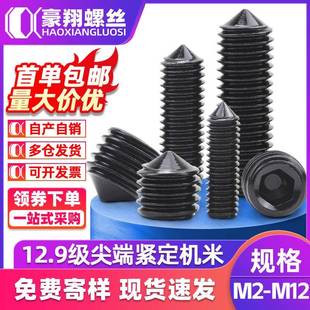 12.9级碳钢紧定螺丝黑色尖头内六角机米止付螺丝M3/M5/M8/M16