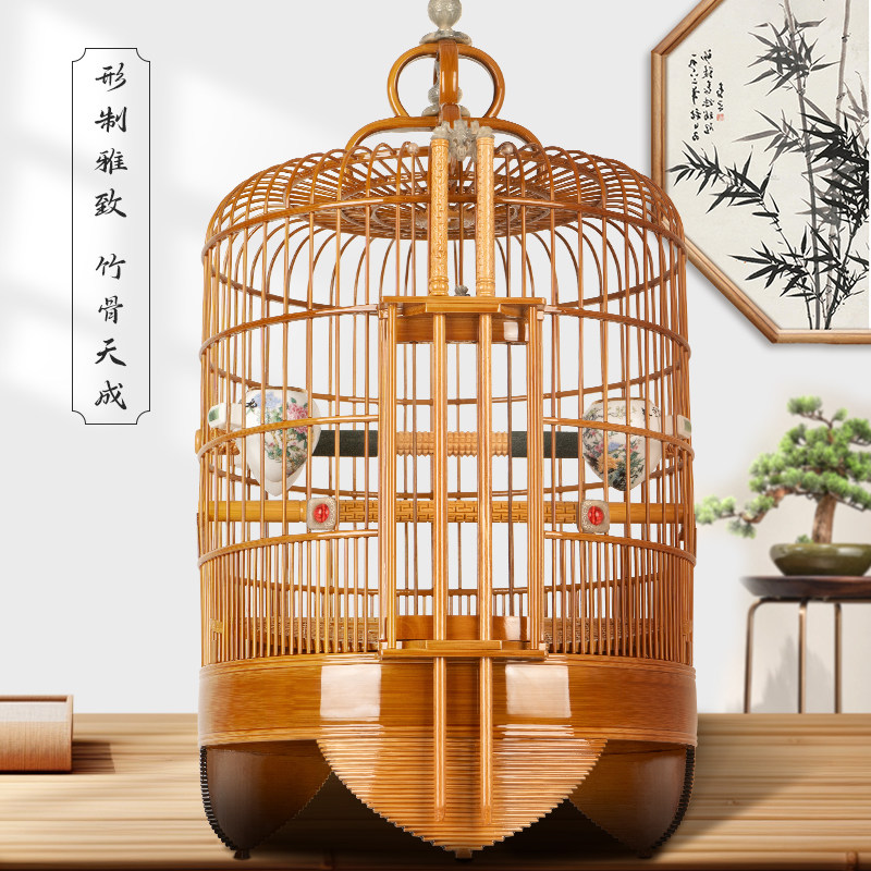 艺隆广式鸟笼仿牛角三道圈广西底竹制画眉鸟笼子大号高档全套广笼