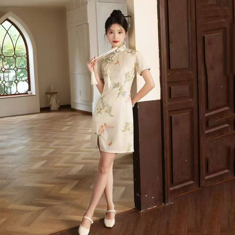 新中式复古风刺绣旗袍裙女短款修身显瘦花色日常可穿高级气质旗袍