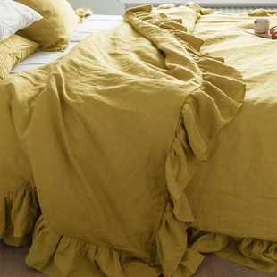 亚麻四件套水洗ins简约床单被套三件套床上用品定制 法国荷叶边款