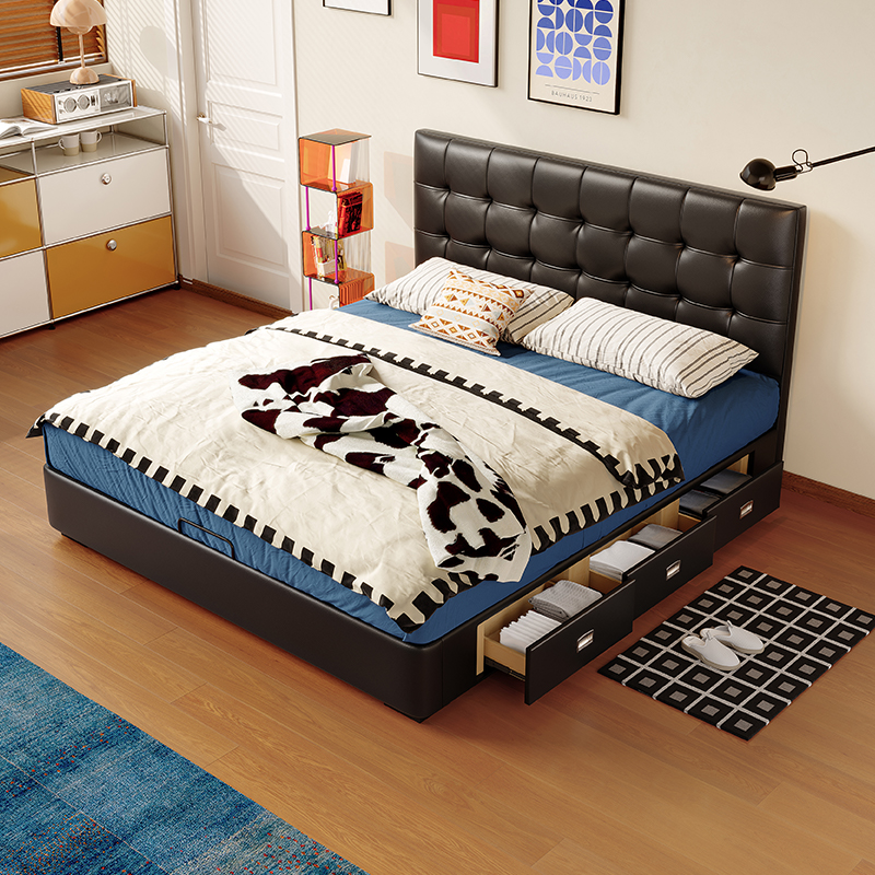 中古风黑色真皮床高箱储物床