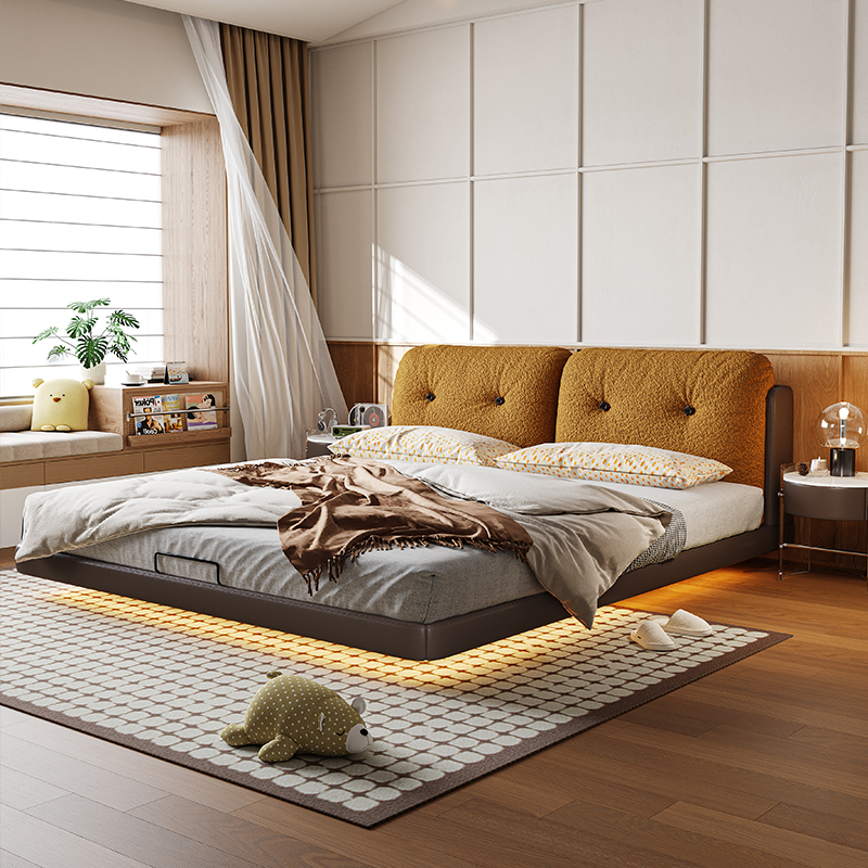 布艺床羊羔绒软包床齐边悬浮床